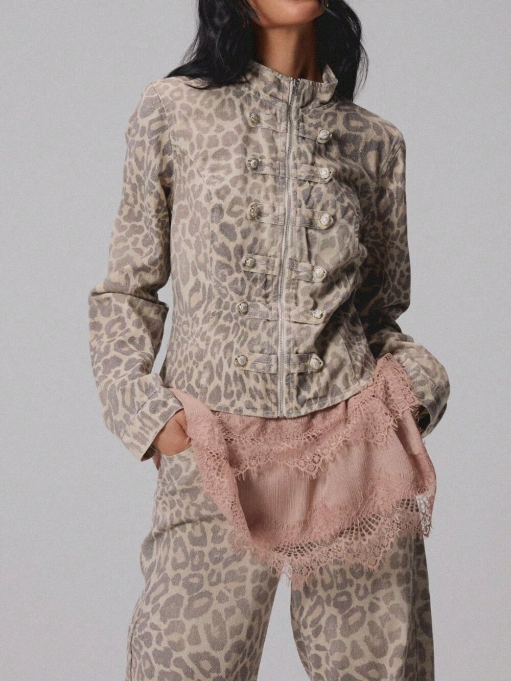 Multicolor Casual Women's Leopard Print Cropped Military Denim Jacket